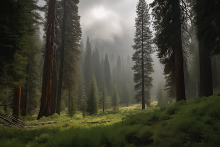 sequoia forest with storm clouds and mist in the distance, created with generative aiの素材