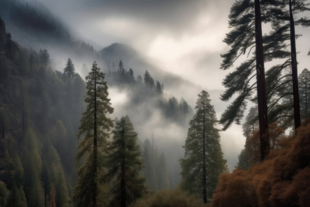 majestic sequoia trees lining a misty mountain range, created with generative aiの素材