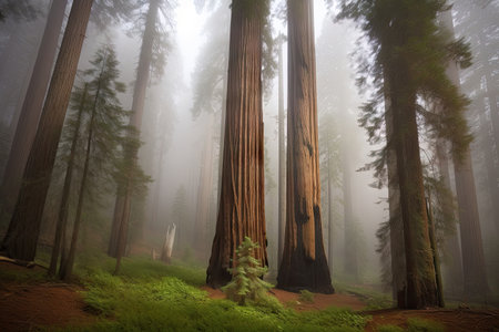 sequoia forest with misty morning fog, created with generative aiの素材