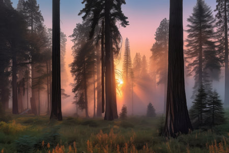 sequoia forest at sunrise, with colorful sky and misty morning light, created with generative aiの素材