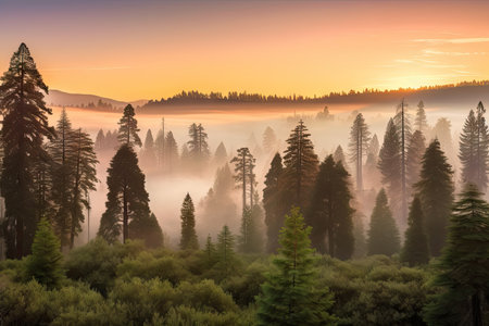 sequoia forest at sunrise, with colorful sky and misty morning light, created with generative aiの素材