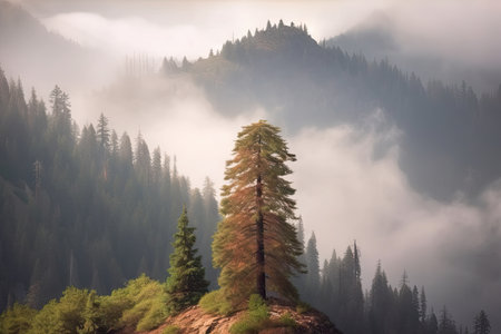 majestic sequoia towering over misty mountain range, created with generative aiの素材