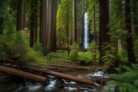 waterfall cascading over the towering sequoias in a lush forest, created with generative aiの素材
