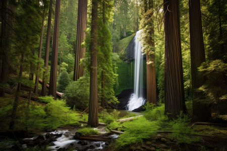waterfall cascading over the towering sequoias in a lush forest, created with generative aiの素材