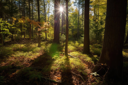 the sun shining through the trees, casting a warm glow on the forest floor, created with generative aiの素材