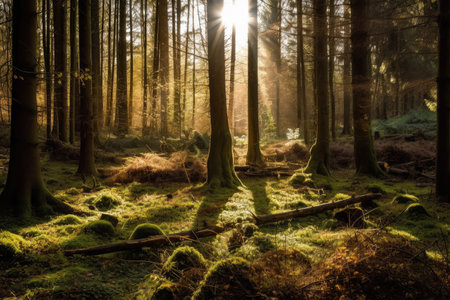 the sun shining through the trees, casting a warm glow on the forest floor, created with generative aiの素材