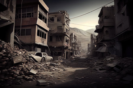 rubble of destroyed city after aftermath earthquake, created with generative aiの素材