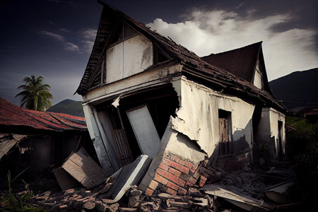 crumbling buildings after powerful earthquake in village of indonesia, created with generative aiの素材