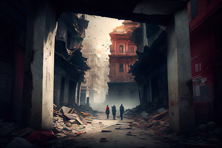 dark city street in ruins with people after earthquake, created with generative aiの素材