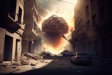 explosion after devastating earthquake in streets of destroyed city, created with generative aiの素材