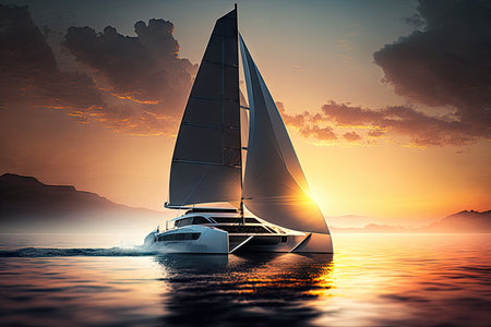 luxury yacht sailing on calm ocean, with the sun setting in the background, created with generative aiの素材