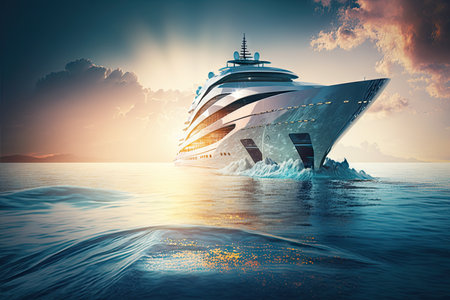 a luxurious yacht sailing through a crystal-clear ocean, with the sun shining down, created with generative aiの素材