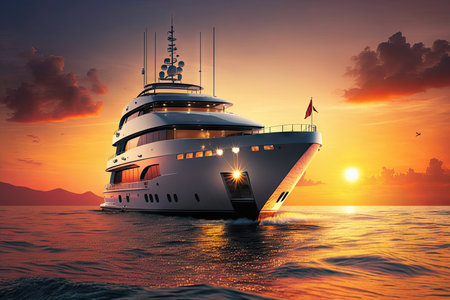 luxury yacht with breathtaking sunset view, surrounded by peaceful waters, created with generative aiの素材