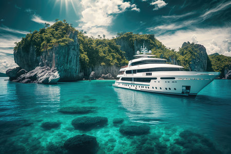 luxury yacht cruising the crystal-clear waters of a tropical paradise, created with generative aiの素材