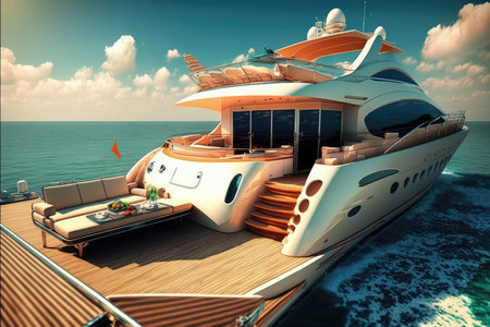 luxury yacht, with sunroofs and deck chairs open for sunny day on the water, created with generative aiの素材