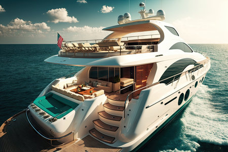 luxury yacht, with sunroofs and deck chairs open for sunny day on the water, created with generative aiの素材