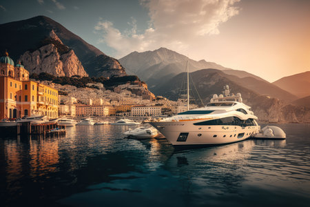 luxury yacht docking at picturesque port, with stunning cityscape and mountains in the background, created with generative aiの素材