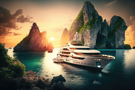 luxury yacht surrounded by spectacular tropical island, with sunset in the background, created with generative aiの素材