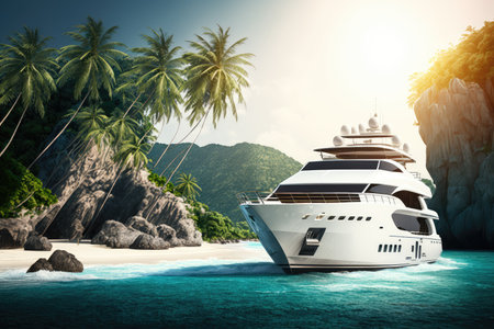 luxury yacht sailing along the coast of tropical island, with palm trees in the background, created with generative aiの素材