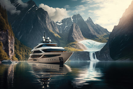 luxury yacht cruising past tranquil lake, with views of the surrounding mountains visible in the background, created with generative aiの素材