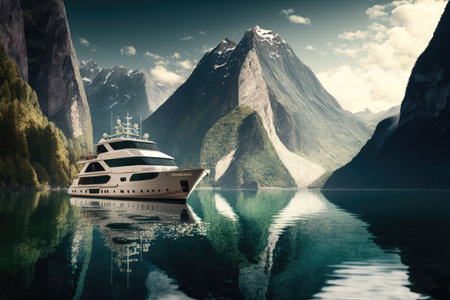 luxury yacht cruising past tranquil lake, with views of the surrounding mountains visible in the background, created with generative aiの素材