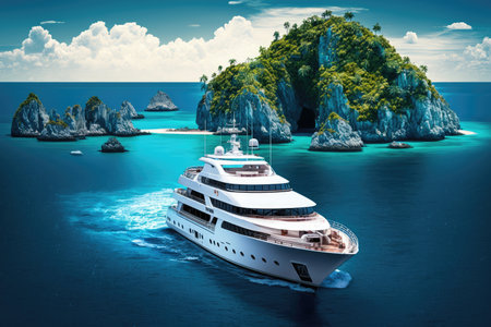 luxury yacht with view of tropical island, surrounded by clear blue water, created with generative aiの素材