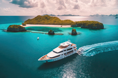 luxury yacht with view of tropical island, surrounded by clear blue water, created with generative aiの素材