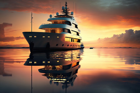 luxury yacht at anchor in tranquil waters, with sunset in the background, created with generative aiの素材