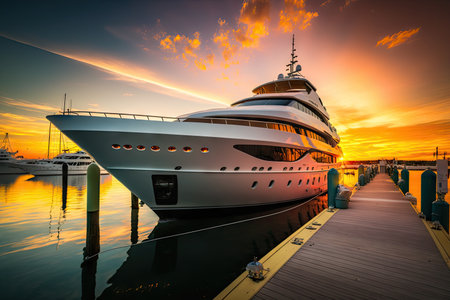 luxury yacht docked at marina, with colorful sunset in background, created with generative aiの素材
