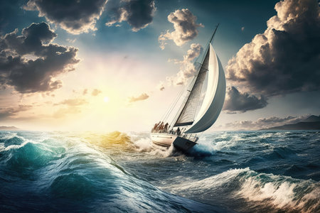 luxury yacht racing on crystal-clear ocean, with sun shining down, created with generative aiの素材