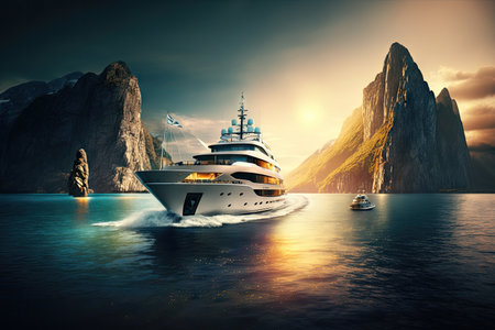 luxury yacht sailing through picturesque harbor with sun shining down, showcasing the beauty of nature, created with generative aiの素材