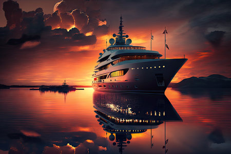 luxury yacht at anchor in breathtaking sunset, with fiery sky and clouds, created with generative aiの素材