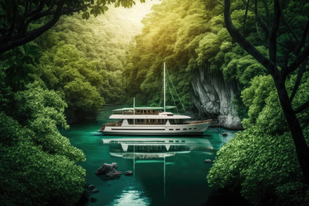 luxury yacht sailing along peaceful river, surrounded by lush greenery, created with generative aiの素材