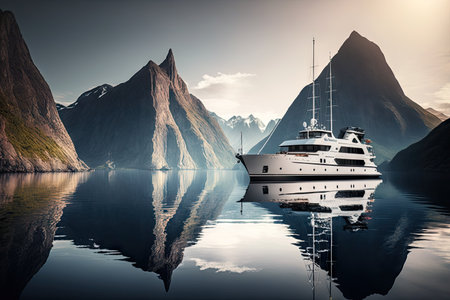 luxury yacht sailing along calm and serene lake, with stunning mountain view, created with generative aiの素材