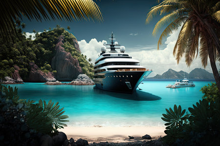 luxury yacht at anchor in quiet bay, with exotic beach and palm trees in the background, created with generative aiの素材