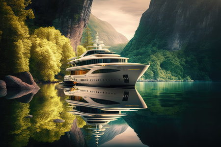 luxury yacht anchored on tranquil, serene lake, created with generative aiの素材
