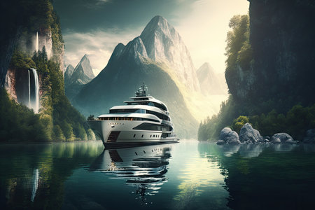 luxury yacht sailing on scenic lake, surrounded by lush greenery and mountains in the background, created with generative aiの素材