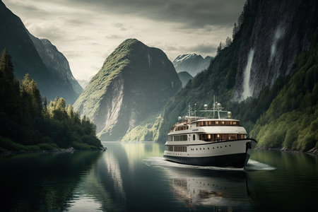 luxury yacht sailing on scenic lake, surrounded by lush greenery and mountains in the background, created with generative aiの素材