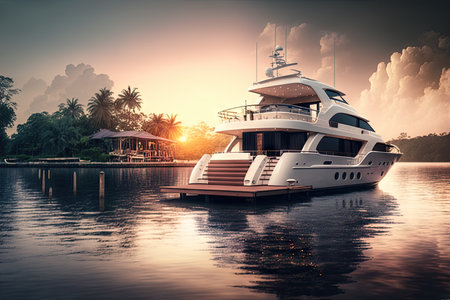 luxury yacht at dock, with view of tranquil lake or sunset, created with generative aiの素材