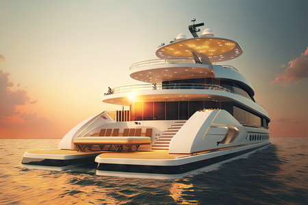 yacht, with its deck lined with sun loungers and bbq equipment, surrounded by sun-drenched waters, created with generative aiの素材