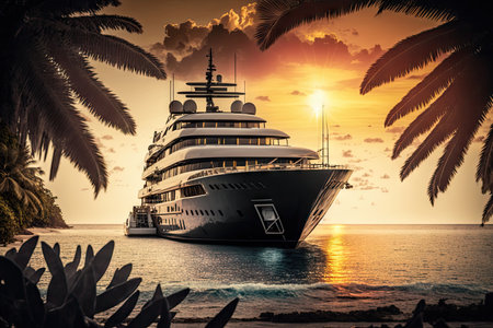 luxury yacht at anchor with crystal-clear ocean and tropical sunset in the background, created with generative aiの素材