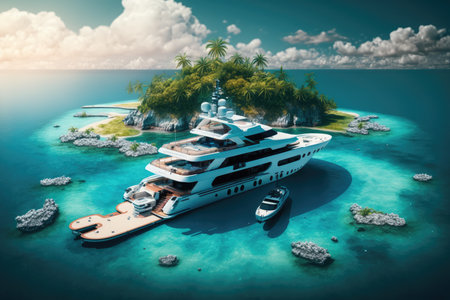 luxury yacht docked at private island, surrounded by crystal-clear water, created with generative aiの素材