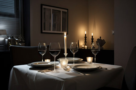 dinner for two, with candlelight & wine, in modern dining room, created with generative aiの素材