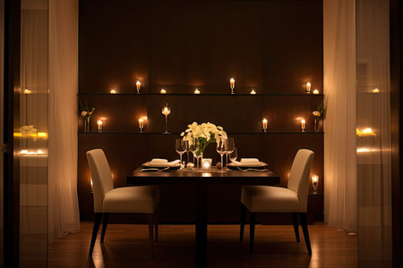 romantic candlelit dinner for two in sleek and modern dining room, created with generative aiの素材