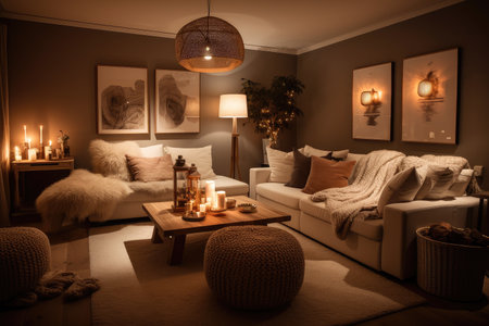 cozy living room, with warm lighting and soft furnishings, creating and inviting atmosphere, created with generative aiの素材