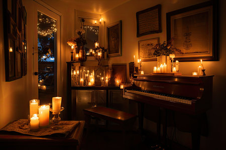 cozy room, filled with the warm glow of candlelight and soft music, created with generative aiの素材