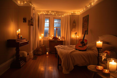 cozy room, filled with the warm glow of candlelight and soft music, created with generative aiの素材