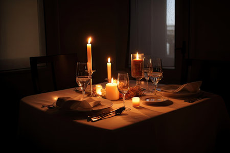 romantic candlelit dinner for two on a white tablecloth, created with generative aiの素材