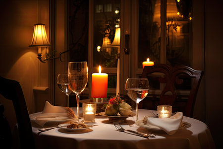 table for two, with candlelit setting and fine dining for a romantic date night, created with generative aiの素材