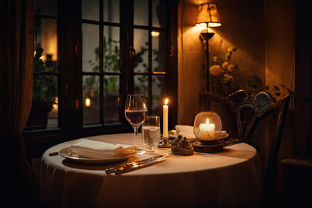 table for two, with candlelit setting and fine dining for a romantic date night, created with generative aiの素材